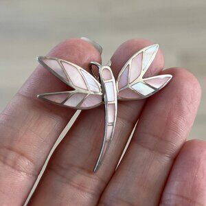 Vintage Sterling Silver Dragonfly Pendant | Pink Mother of Pearl | 1.5 Inch